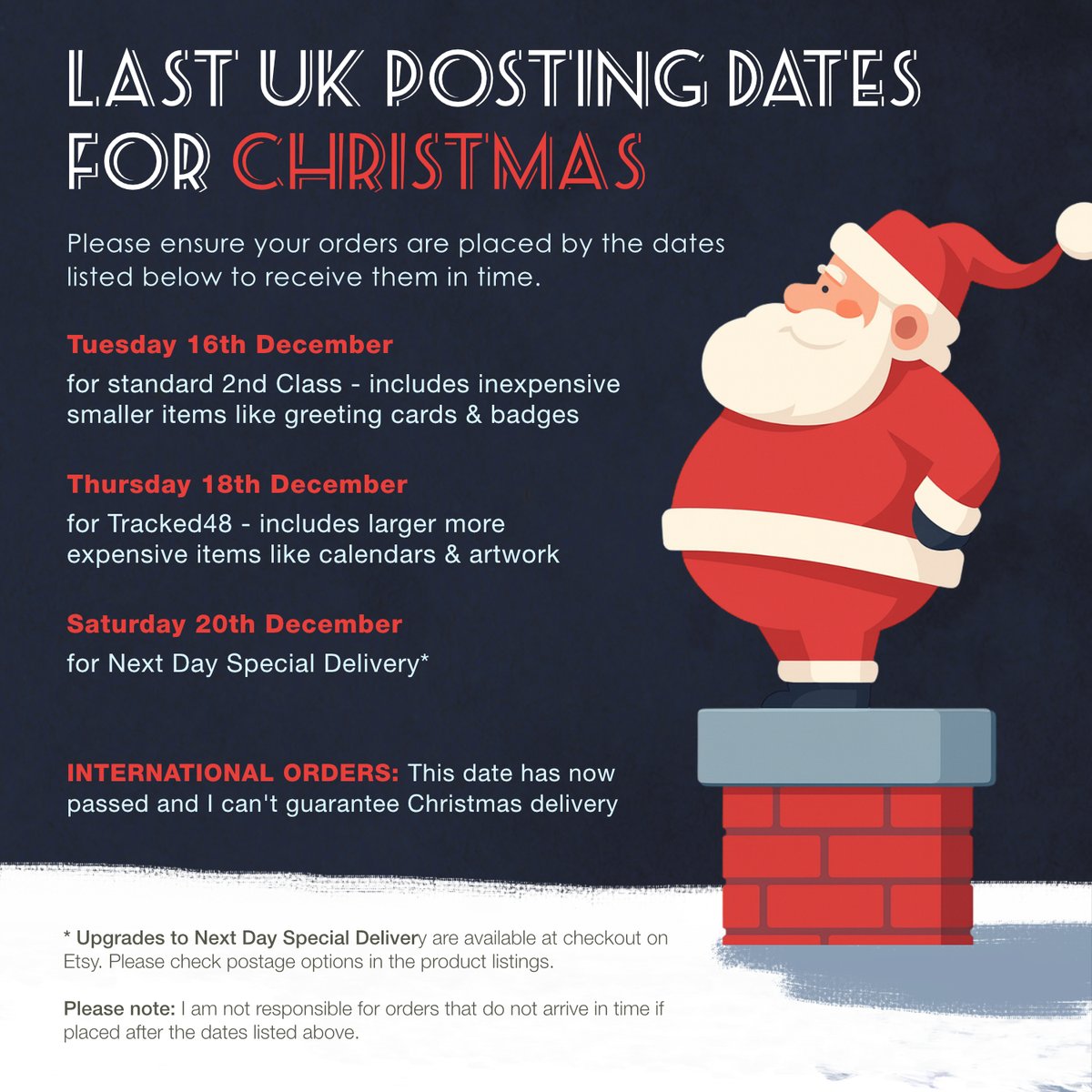 The last posting dates for Christmas delivery in the UK are approaching! 🎄

Please order on or before the following dates:

Tue 16th Dec (2nd Class) - orders < £20
Thurs 18th Dec (Tracked48) - orders >£20
Sat 20th Dec (Next Day Special) - order >£75

#lastpost #christmasdelivery