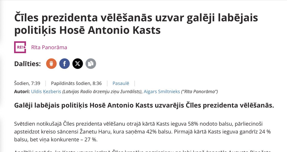 Labas ziņas no Čīles 🇨🇱 - prezidenta vēlēšanās uzvarējis konservatīvais kandidāts, ģimenes cilvēks, kristietis un patriots. Pārliecinoša uzvara pār liberasņas-komunistu kandidāti.

LV <a href="/Jauna_Vienotiba/">JAUNĀ VIENOTĪBA</a> kabatas vaukšķis LSM turpina “labākās tradīcijas” un apsaukā Čīles jauno līderi