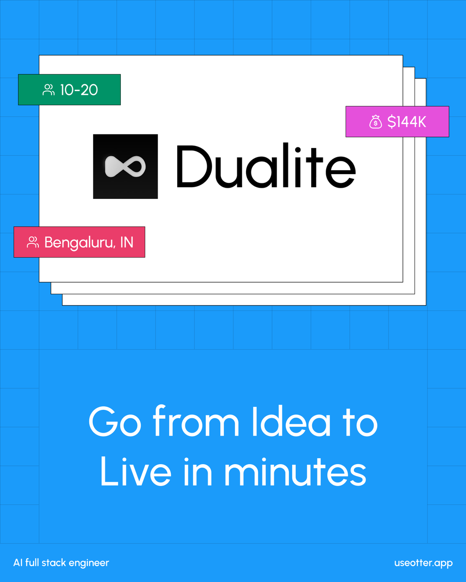 useotter_'s tweet photo. From idea to live in minutes. 🕰️🤯
Meet @dualitedev - built for builders who ship fast.⚡
Spotted on Otter: https://t.co/X4II6yaLwH

@singhvi_rohan @PrakharTandon29 onwards &amp; upwards.🚀 

#dev #build #hiring #intern https://t.co/AycdYUYdKS