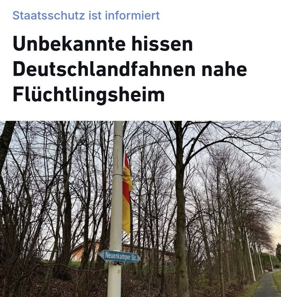 Deutschlandfahnen in Deutschland. Das ist wirklich ein Skandal. Hoffentlich kriegen die Täter sehr lange Haftstrafen + Sicherungsverwahrung. 
Krimineller geht es wirklich nicht. 
🇩🇪✌🏻🤡