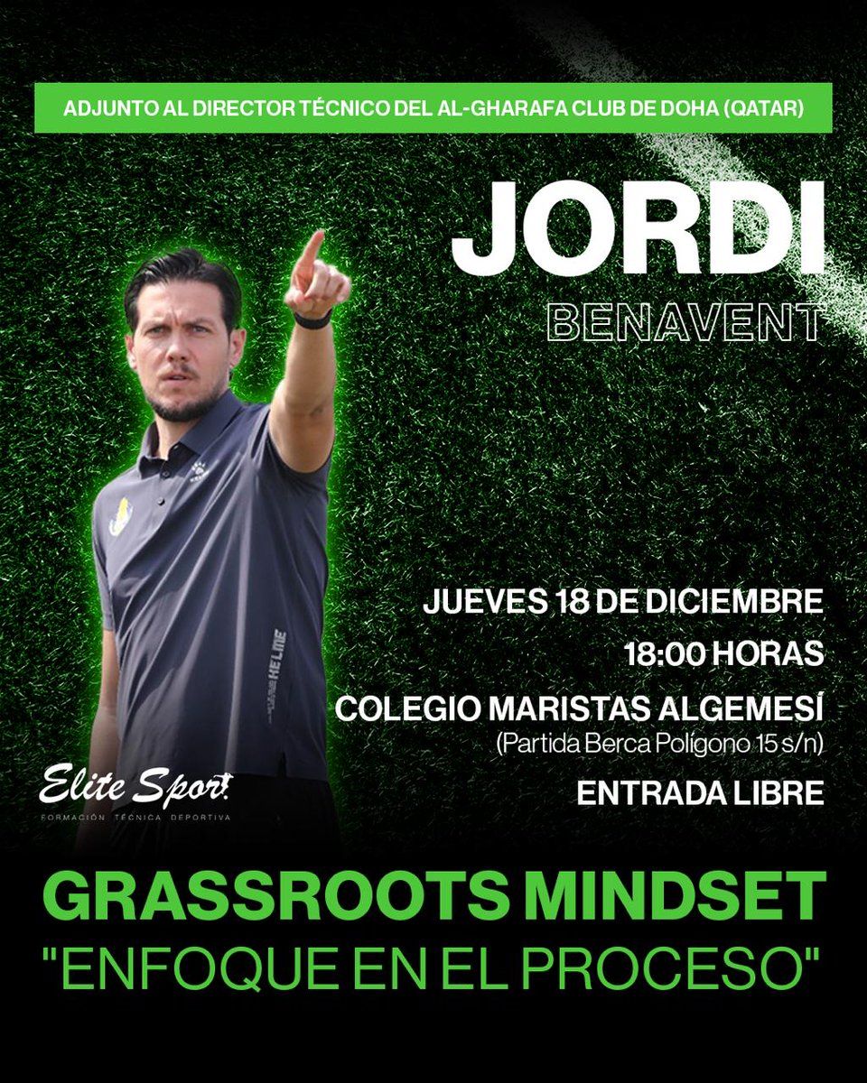 ⚽ Masterclass "Grassroots mindset. Enfoque en el proceso” por @jordibenavent, Director Técnico del @algharafaclub de Doha (Qatar).

📝Inscríbete gratis en: short.do/56Rr3g

📅 Jueves 18 de diciembre
🕙 18:00 h
📍 <a href="/maristaalgemesi/">Maristas Algemesí</a>
