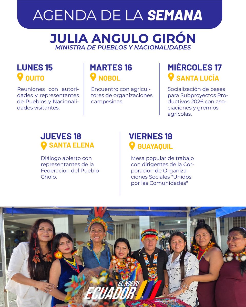 Esta semana, la ministra Julia Angulo Girón recorre Quito, Nobol, Santa Lucía, Santa Elena y Guayaquil, fortaleciendo el diálogo con pueblos, nacionalidades y organizaciones comunitarias.

🌿 El territorio marca la ruta.

#AgendaDeLaSemana #JuliaAngulo #SGDPN