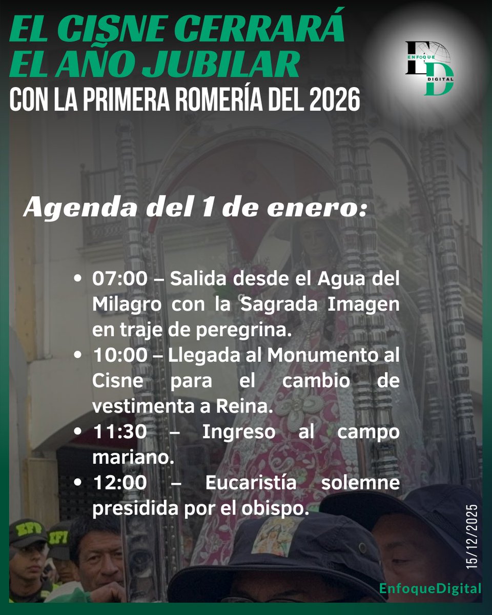 🙏🌹 #Loja || Este 1 de enero, la Diócesis de Loja clausurará el Año Jubilar “Peregrinos de Esperanza” con la tradicional romería a la Virgen de #ElCisne, que este año conmemora 25 años de devoción.
Miles de fieles iniciarán el 2026 pidiendo bendición, paz y esperanza. ⛪✨ 👇👇