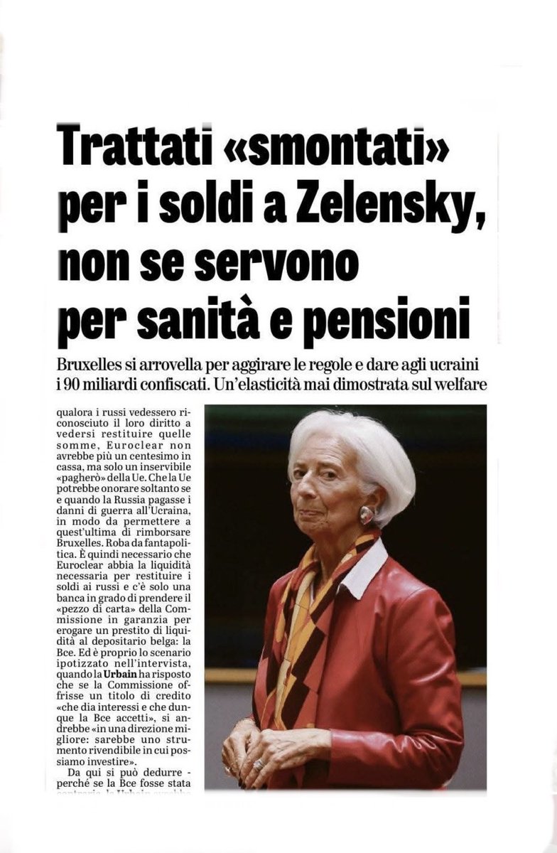 La UE truffa i trattati, si arrovella per aggirare le regole e dare agli ucraini i miliardi confiscati ai russi. Un'elasticità mai dimostrata su pensioni e sanità. Inoltre In Russia ci sono 314 aziende italiane che fanno fatturato e che danno lavoro.Questi sono matti e pericolosi