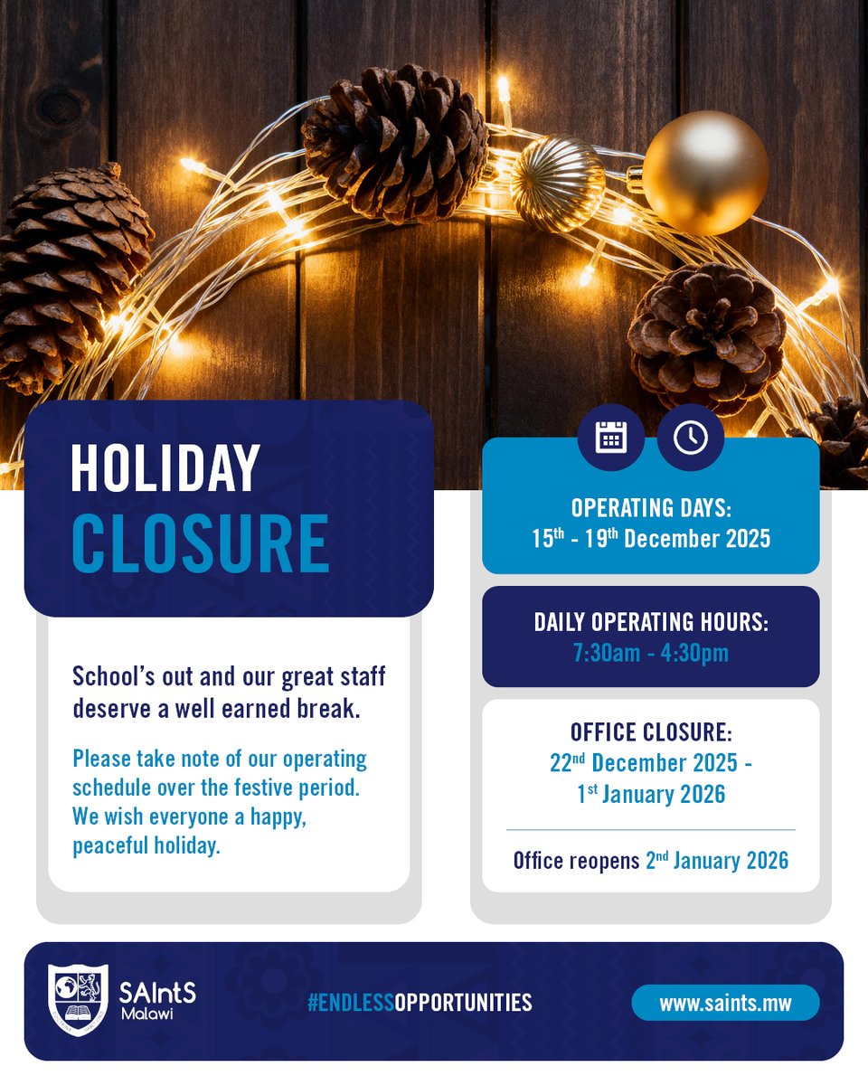 SAIntS_Malawi's tweet photo. Because great staff deserve a great break! Please take note of our operating schedule during this #FestiveSeason 🎄. #EndlessOpportunities https://t.co/gmybNde398
