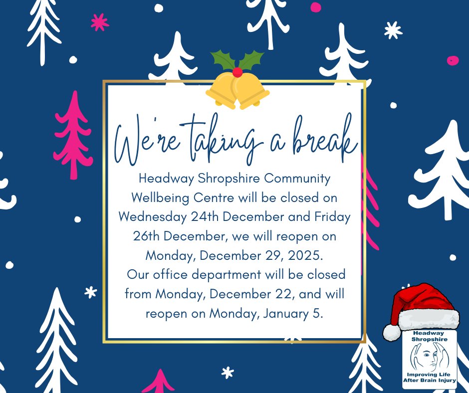 HOLIDAY NOTICE!

Wishing all our wonderful supporters, clients, and community members a joyful and peaceful Christmas! May your holidays be filled with warmth, love, and happiness.
#HeadwayShropshire #ChristmasClosure #HappyHolidays #CommunitySupport #Wellbeing  #MerryChristmas