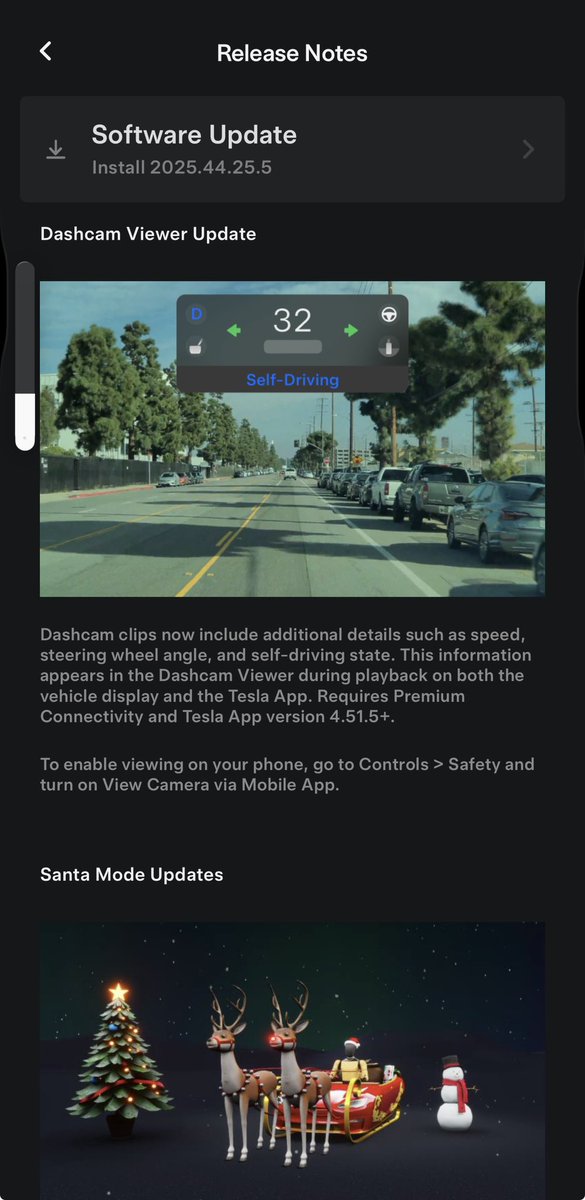Tesla Christmas update hits 🎅🎄

• Santa Mode is back (yes, still fun every year)
• In-car Photobooth = charging stop entertainment
• Dog Mode now live on iOS lock screen 🐶
• Dashcam shows speed + steering + FSD state
• Grok can edit navigation (Beta) 🤖🗺️

OTA reminding