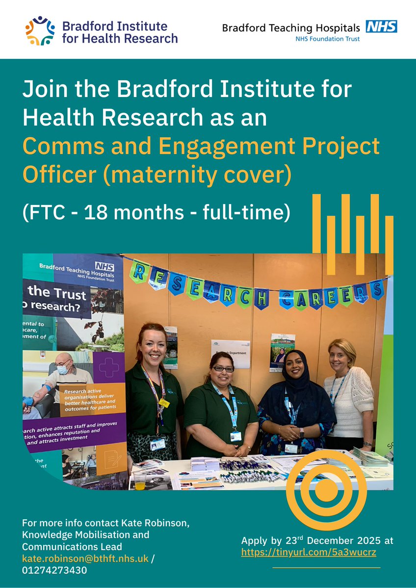 CityOfResearch's tweet image. ⏳ Final call!
Applications for the Comms &amp;amp; Engagement Project Officer (maternity cover) role at BIHR close on 23 December 2025.
Don’t miss this chance to make an impact in healthcare research communications.
👉 Apply today: tinyurl.com/5a3wucrz
@crdc_bradfordWY @AUASResearch