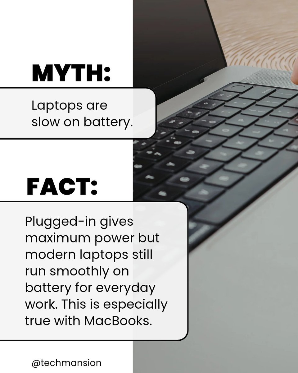 TechMansion's tweet image. Battery vs AC power: Which one REALLY gives your laptop its best performance?
We’ve all heard the myth that laptops can’t handle tasks unless they’re plugged in but is that true in 2025? #laptop #laptoptips #techmansion #myth