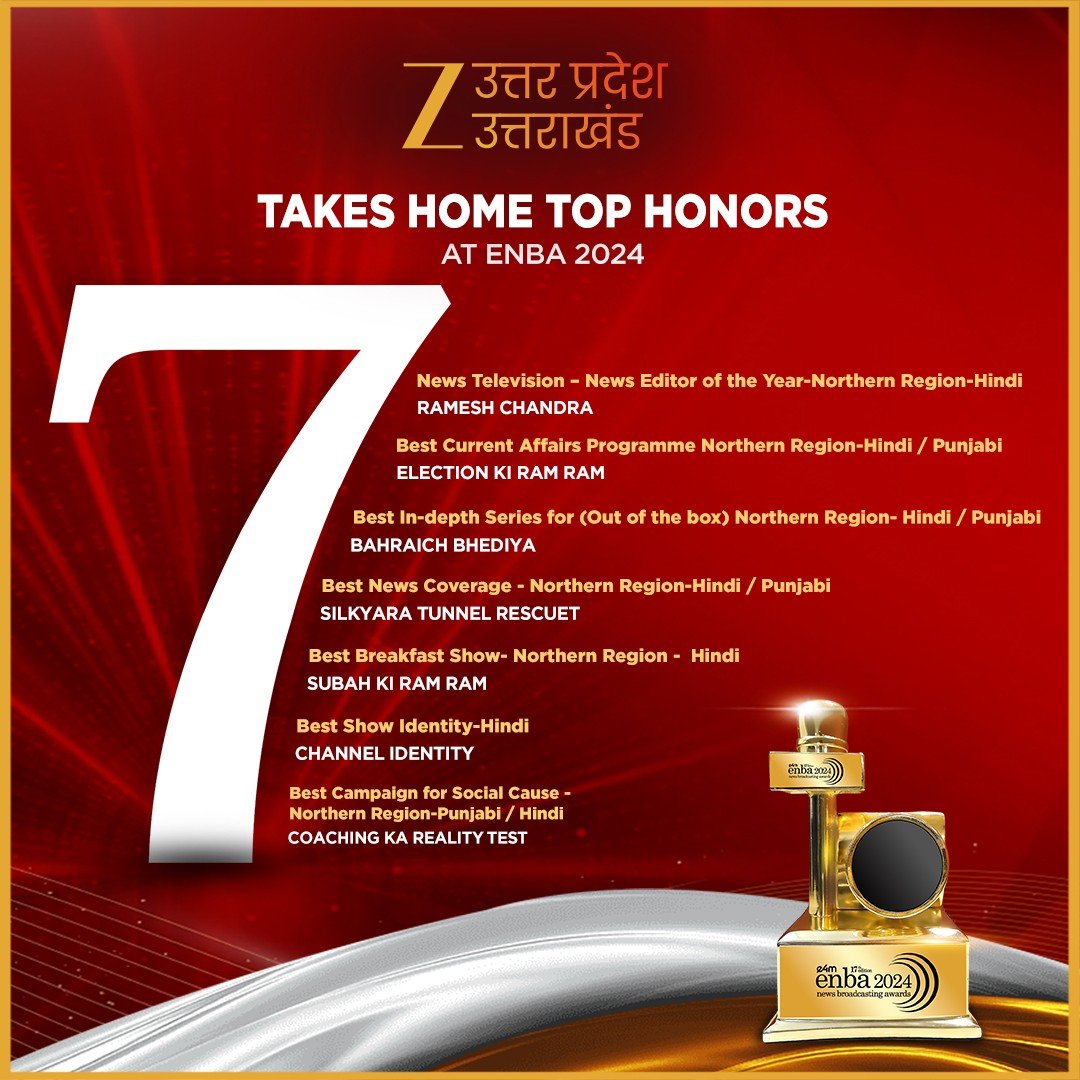 ZEEUPUK's tweet photo. #enbAAwards2024 

Seven wins that reflect journalism at scale.

Zee Uttar Pradesh Uttarakhand takes top honours at ENBA 2024, recognised for editorial leadership, impactful coverage, and programming that shaped conversations across the Region.

#enbA #enbAAwards2024 #zeeupuk https://t.co/qhFdnRRT4T