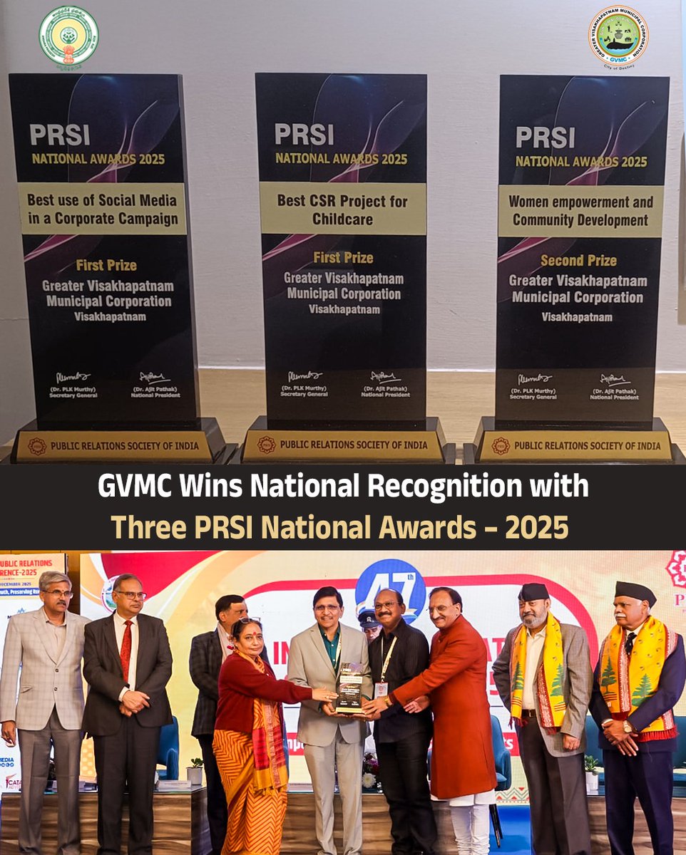 GVMC_VISAKHA's tweet photo. GVMC Wins National Recognition with Three PRSI National Awards – 2025. 

 GVMC has been honoured with three prestigious PRSI National Awards – 2025 at the 47th All India Public Relations Conference held in Dehradun, Uttarakhand. These recognitions highlight GVMC’s people-centric efforts in child welfare, women's empowerment, and effective public communication, made possible through the strong support of citizens and public representatives.

🥇 Best CSR Project for Child Care – First Prize
🥇 Best Use of Social Media in a Corporate Campaign – First Prize
🥈 Women Empowerment & Community Development – Second Prize

#PRSIAwards2025 #NationalRecognition #GoodGovernance #WomenEmpowerment #PeopleCentricGovernance #ChildWelfare #DigitalGovernance #PublicService #KetanGarg #Visakhapatnam #GVMC

@AndhraPradeshCM 
@Ketangargmickey 
@SwachhBharatGov 
@SwachhaAndhra 
@SwachSurvekshan 
@swachhbharat 
@MoHUA_India 
@AmritMahotsav 
@CDMA_Municipal 
@pibvijayawada