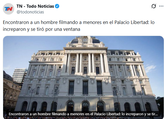 No puedo lo puedo creer! Descubren a un libertario pedofilo, filmando a unas nenas, y se tira por la ventanta del palacio "libertad", para no ir preso. Estoy re sorpresa!