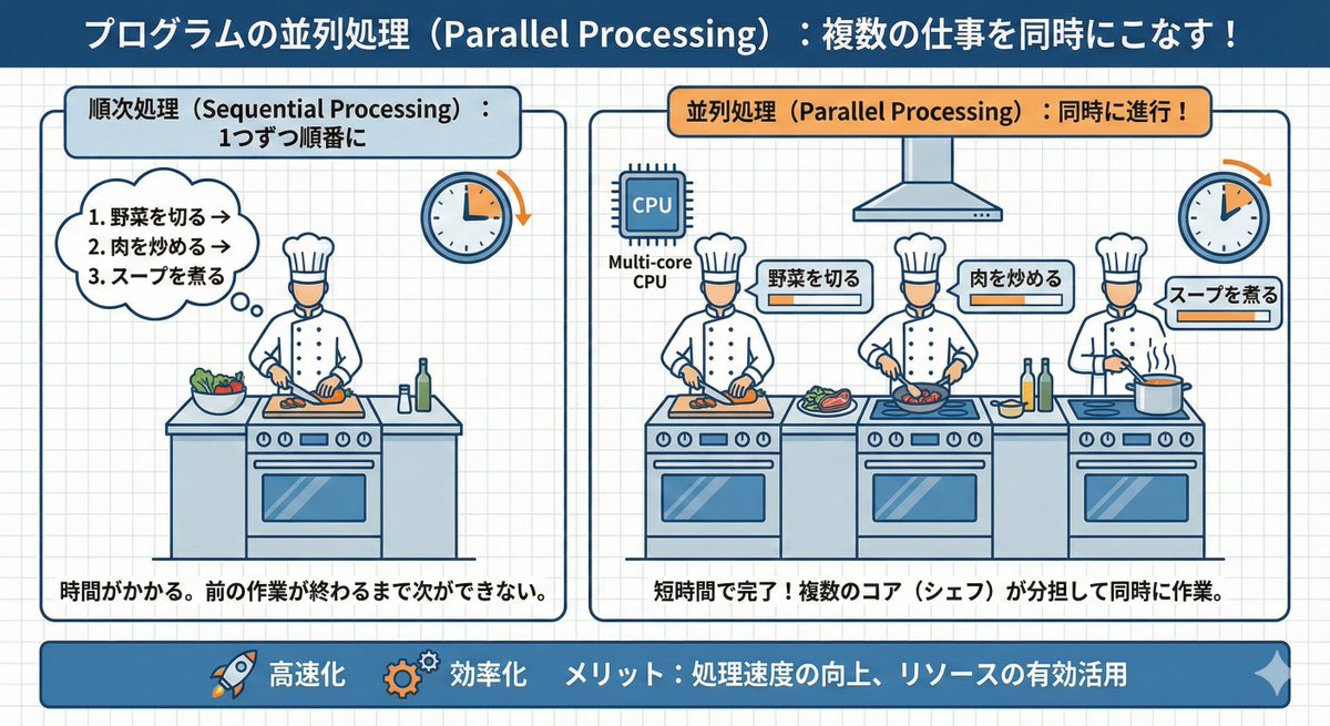 50python2024's tweet image. プログラミングの「並列処理」って聞くと難しそう…🤔 でも、料理で考えるとすごく単純です！

👨‍🍳シェフ1人が順番に作るのが「順次処理」 👨‍🍳👨‍🍳👨‍🍳シェフ3人が同時に分担して作るのが「並列処理」

そりゃあ、みんなでやった方が早いですよね！🚀 そんな仕組みを図解にまとめました。…
