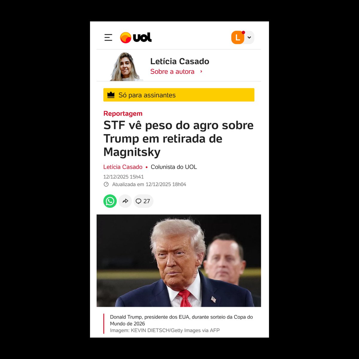 Nos bastidores do STF, avaliação é que EUA cometeu 2 erros cruciais ao impor Magnitsky: não considerou o peso do agronegócio brasileiro, que fez lobby; e foi mal informado sobre as instituições pq STF não mudaria o rumo do processo contra Jair Bolsonaro
noticias.uol.com.br/colunas/letici…