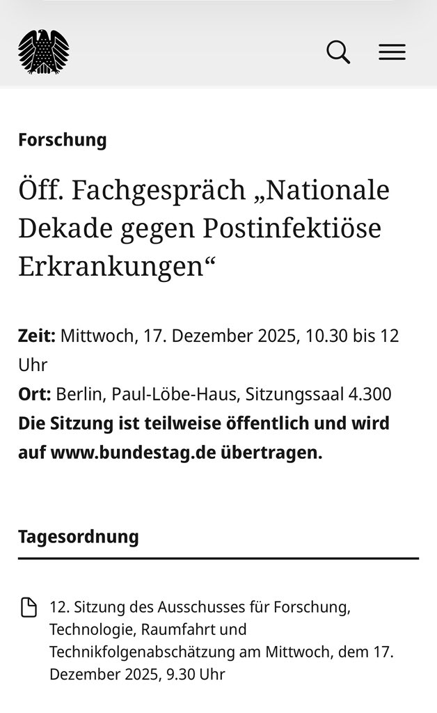 GrandeBettina's tweet image. Fachgespräch im Bundestag
„Nationale Dekade gegen Postinfektiöse Erkrankungen“
Mi, 17.12.25 10:30–12:00 Uhr,
Live: bundestag.de 
Ich habe eine unaufgeforderte Stellungnahme eingereicht:
Schutz von ME/CFS-Betroffenen als gesundheitspolitische Pflicht.
#MECFS #PEM #NoGET