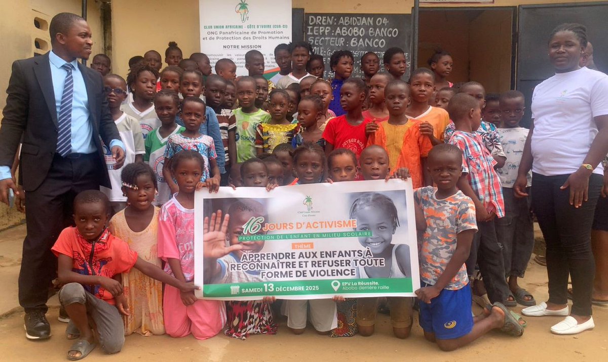 clubuaci's tweet image. 🖐🏽 « Les Mains qui Protègent »
Le 13 déc. 2025, le CUA-CI a sensibilisé des élèves de CM1–CM2 à l’EPV La Réussite (Abobo) sur la reconnaissance et le refus de toute forme de violence.
Protéger l’enfance, c’est agir durablement.

#16JoursDActivisme #ProtectionDeLEnfant