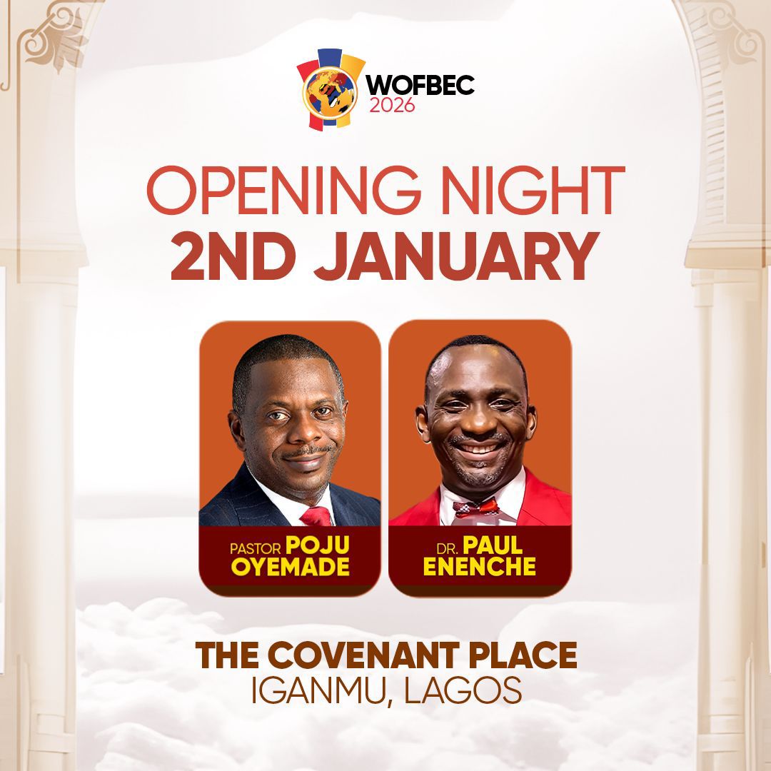 WOFBEC's tweet image. The schedule for WOFBEC 2026 is finally out. 

Date: January 2nd till 11th January 2026.
Theme: Thy Kingdom Come
Venue: The Covenant Place, Iganmu. Lagos, Nigeria.
Time: Morning sessions: 6:30am. Afternoon sessions: 1pm. Evening sessions: 5:30pm.

#WOFBEC2026 WOFBEC IS CALLING