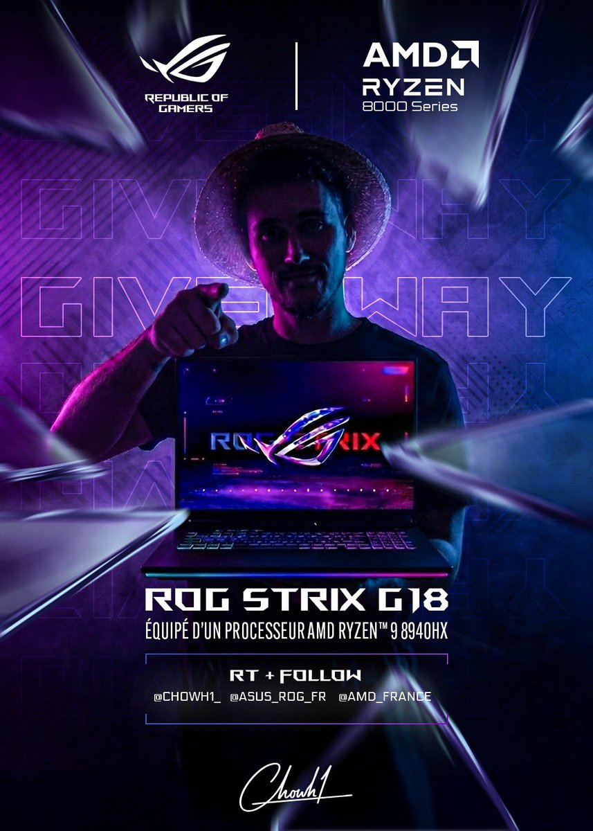🏆 CONCOURS 🏆

Pour conclure cette année en beauté, avec ROG &amp; AMD on vous offre un ROG Strix G18 équipé d’un processeur AMD Ryzen™ 9 8940HX 👊

Pour participer :
➡️ RT
➡️ Follow <a href="/ASUS_ROG_FR/">ROG France</a>, <a href="/AMD_France/">AMD France</a> &amp; moi-même

Que le meilleur gagne 😈

TAS le 22/12

Publicité