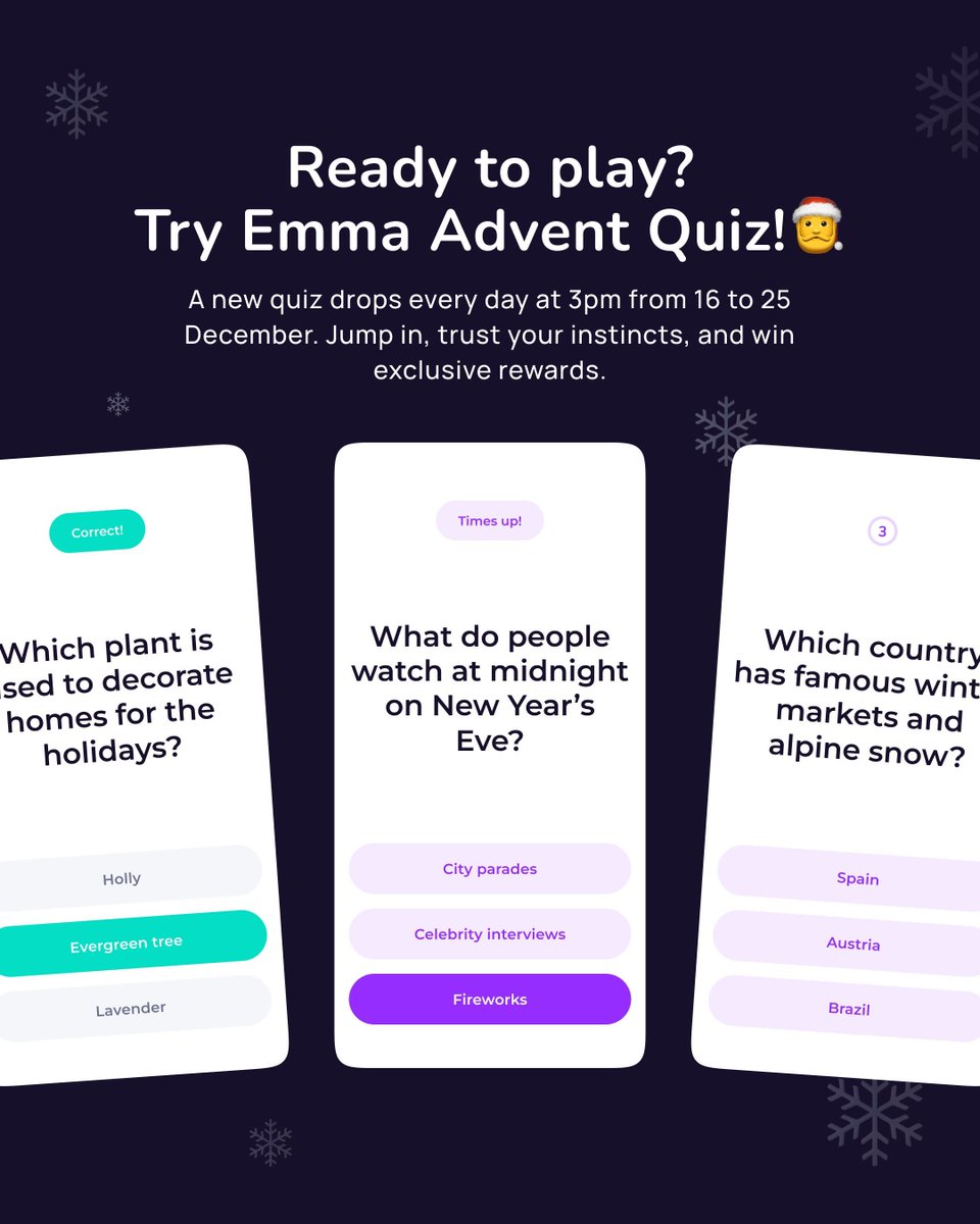 emma_finance's tweet image. Ready to play? 🎄✨

The Emma Advent Quiz drops a new challenge every day at 3pm from 16 to 25 December. 

Jump in, trust your instincts, and win exclusive rewards. 🎁 If quizzes aren’t your thing, you can turn them off anytime in Settings ⚙ 

#emmaapp #budgeting #finance