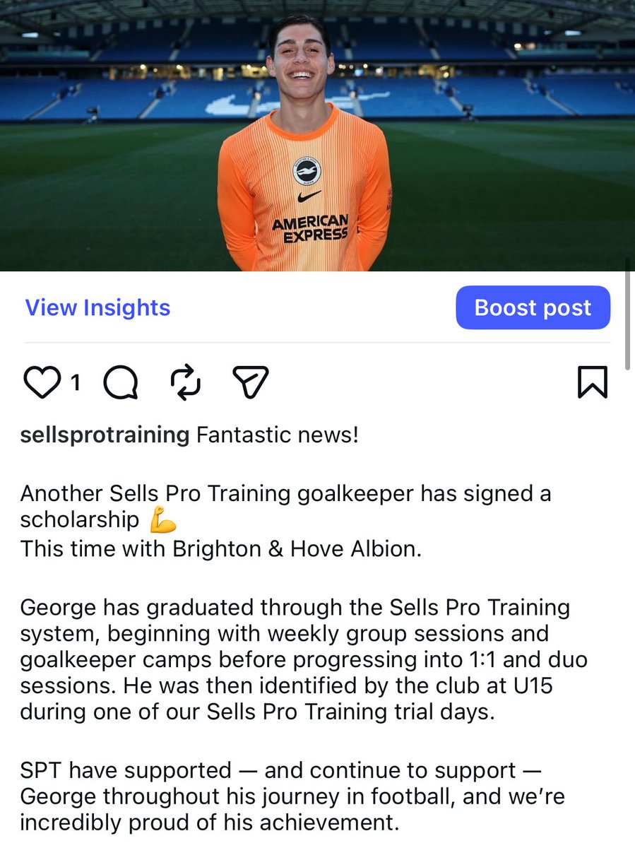 Fantastic news!

Another Sells Pro Training goalkeeper has signed a scholarship 💪
This time with Brighton &amp; Hove Albion.

A huge congratulations to George and his family. The hard work continues 👏⚽️🧤
