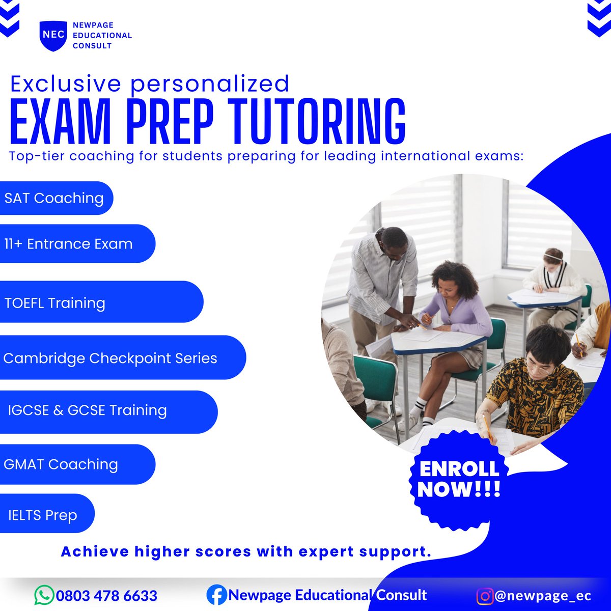 heed1's tweet image. Ready to achieve your best? 
Our expert tutors provide personalized coaching for top international exams. Get started with Newpage Educational Consult today.