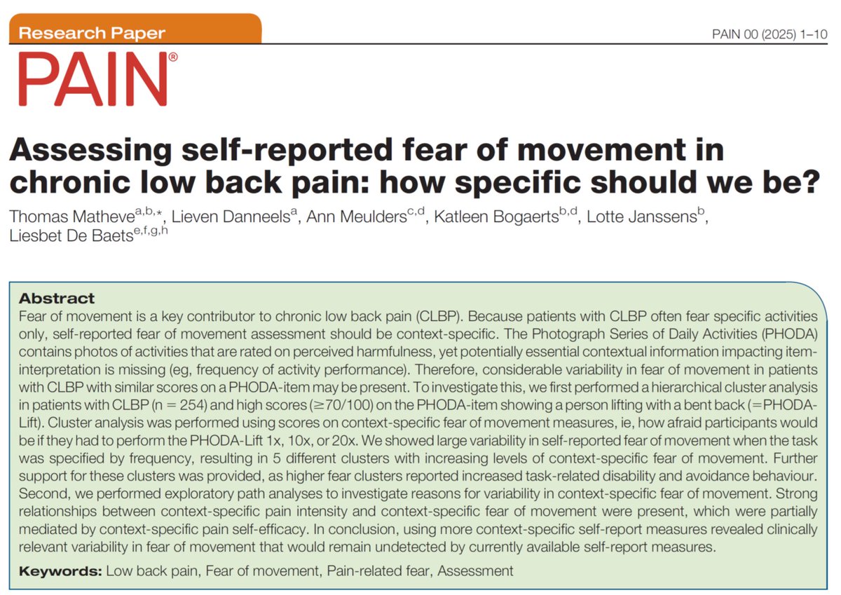 ThomasMatheve's tweet image. Our study on context-specific fear of movement assessment in CLBP is now published in @PAINthejournal 

Thanks to co-authors @LiesbetDebaets @meuldersann
@LotteJanssens2 Lieven Danneels and Katleen Bogaerts

journals.lww.com/pain/fulltext/…