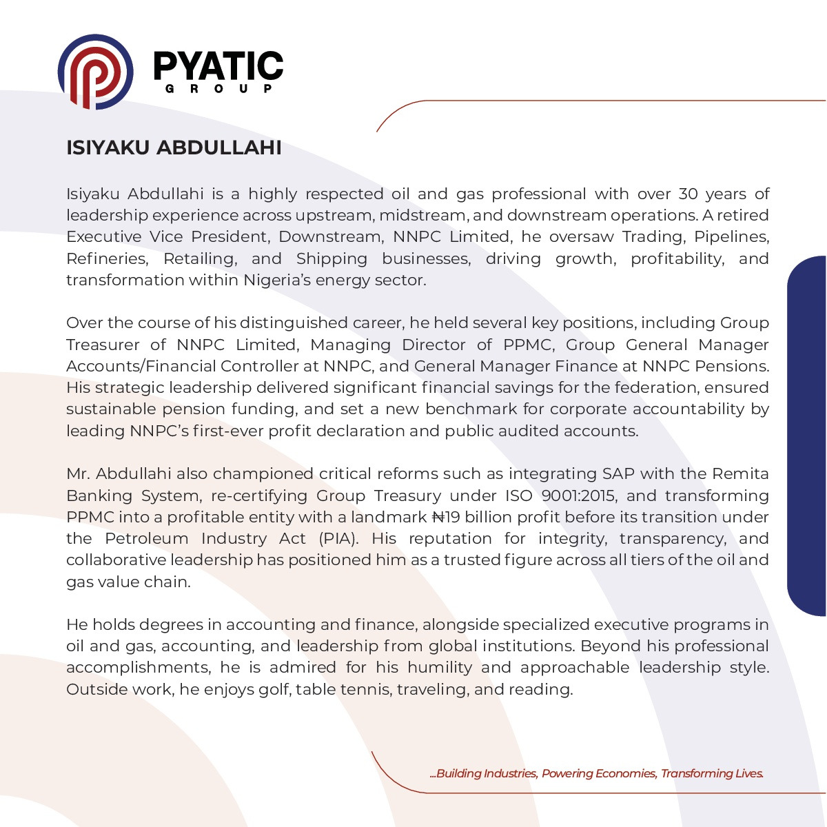 PyaticGroupltd's tweet image. Pyatic's New Chapter Begins with our Chairman, Board of Directors, His Royal Highness, Alhaji Isiyaku Abdullahi.

Let's Build Industries, Power Economies, and Transform Lives together!

#ThePyaticGroup
#NewChapter