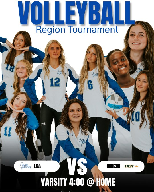 Hey, Hey, Hey, LCA. The Lanier Christian Academy Volleyball team will play in the Region Tournament today at 4:00 at home against Horizon. We would love to fill the gym and support these ladies. Let's Go Lightning! #WeAreLCA #weloveourathletes📷📷 #trueblue
