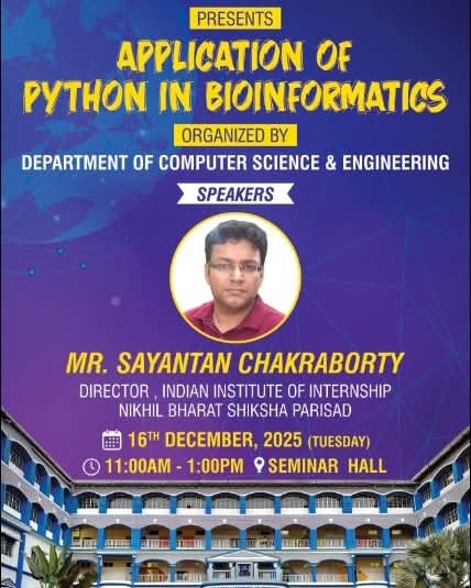 gnitsodepur's tweet photo. GNIT is organizing an expert talk on “Application of Python in Bioinformatics,” hosted by the Dept. of Computer Science &amp; Engineering. 
Join us on 16th December 2025,  for an engaging session with Mr. Sayantan Chakraborty, Director, Indian Institute of Internship

 #gnit #phython https://t.co/QsxXtwZrNI