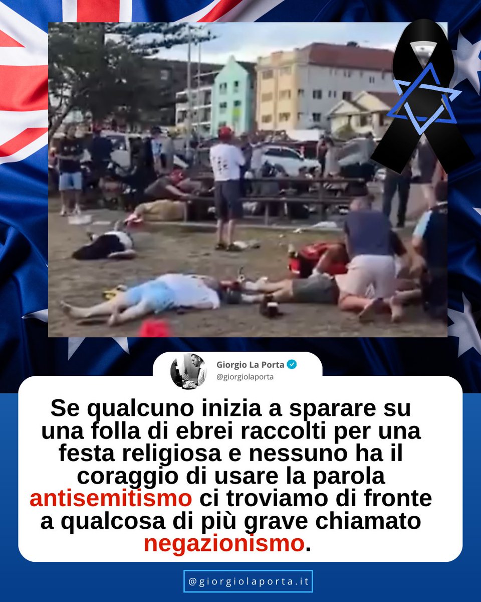 Se qualcuno inizia a sparare su una folla di ebrei raccolti per la festa religiosa dell’#hannukah 
e nessuno ha il coraggio di usare la parola #antisemitismo ci troviamo di fronte a qualcosa di più grave chiamato #negazionismo. 
#Sidney #Australia #15dicembre