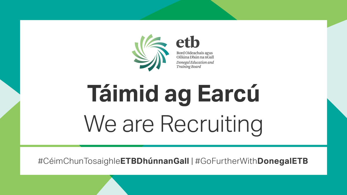 DonegalETB's tweet photo. Tá muid ag iarraidh do phost, faoi mar atá leagtha amach thíos. Ba chóir go mbeadh iarratais curtha isteach faoi 12 meán lae ar an dáta chuí: https://t.co/CdBCduTVv5.

- 02 Eanáir: Múinteoir Innealtóireacht agus Teicneolaíocht (Coláiste na Maoile Rua, Baile na nGallóglach) https://t.co/pUo6yr8SCx