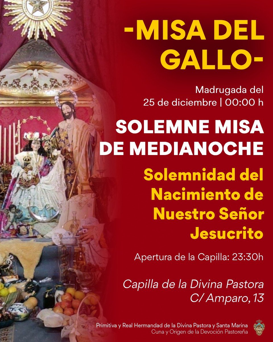 🔵 #NavidadPastoreña | SOLEMNE MISA DEL "GALLO"

Nuestra Hermandad celebrará, como ya es tradicional, el próximo día 25 de diciembre, a las 00:00 horas, la Solemne Misa de Medianoche, en la Solemnidad del Nacimiento de Nuestro Señor Jesucristo; "La Misa del Gallo".

Un año más