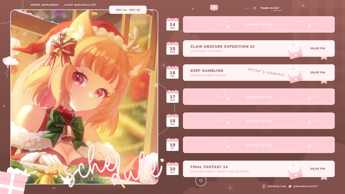 ‿︵ʚ˚̣̣̣͙ɞ SCHEDULE TIME ʚ˚̣̣̣͙ɞ‿︵ 
ima be playing some peak af games this week
🍨GOTY TIMEEEEE
🍨going into gambling debt w/ @ellionsyn
🍨ffxiv patchhhhhhhh

#Vtuber / #ENVtuber