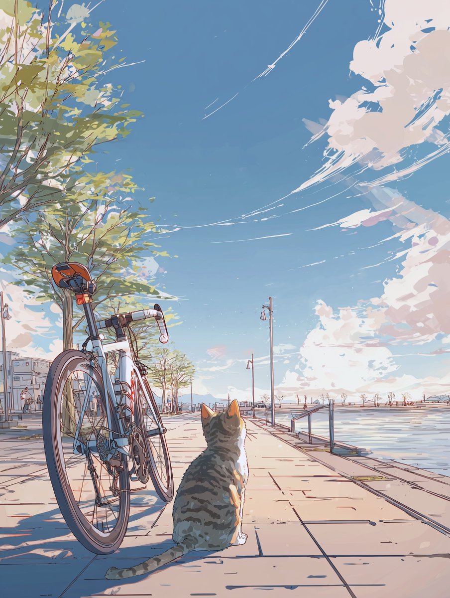 自転車と猫のアクリル画 ネコのおでかけ 🐱「寒いけど、自転車見られてうれしいにゃ〜」