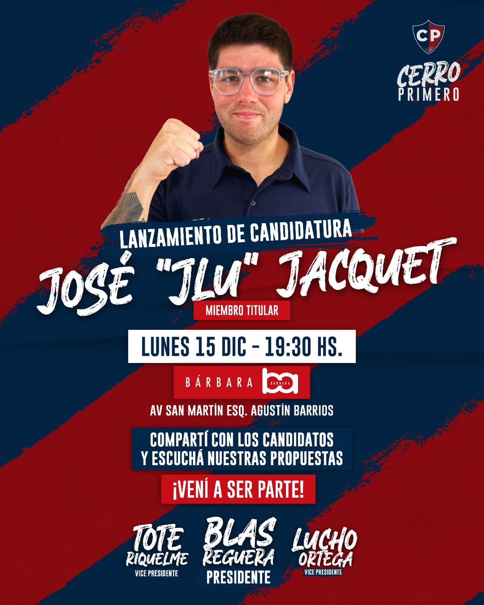 JuanGDENIS's tweet photo. Hoy José Jacquet, realizará el lanzamiento de su candidatura a Miembro Titular de Comisión Directiva, por el Movimiento #CerroPrimero 
#DeportesUNO #650AM 
Facebook #redeportescom 🇵🇾 https://t.co/VYEh1XdJ42