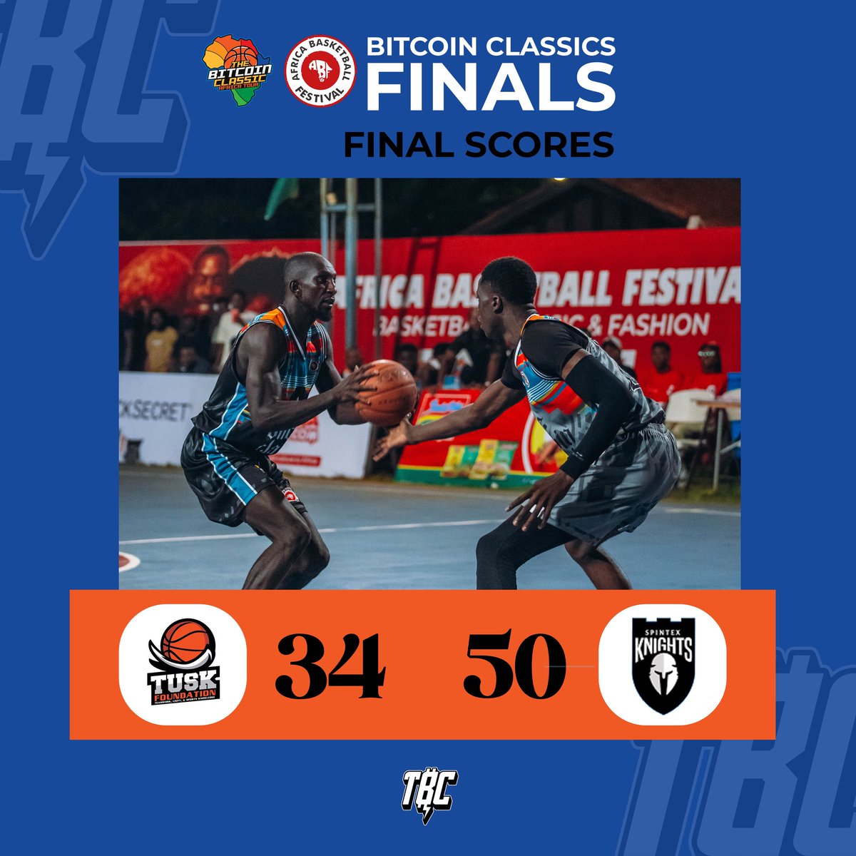 Spintex Knights dominate the Bitcoin Classic final, defeating Tusk Foundation 50–34 at the 2025 Africa Basketball Festival.

What a way to end the finals! 

#thebitcoinclassic #abf2025 #africabasketballfestival