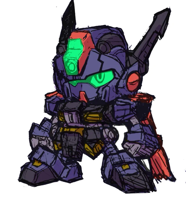 #ガチャ丸伝 叛多亜·銃零斗(ハンターガンレイド) 賞金稼ぎの叛多亜武者。 わかりやすい敵キャラっぽい色のティターンズ風とオリジナル準拠のカラー、どっちがいいかなぁ