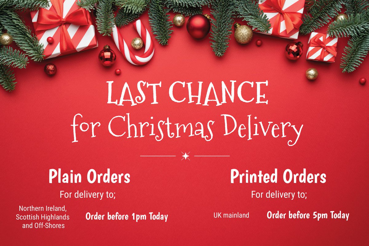 DEADLINE DAY

Printed Products – Order by 5pm today
Shipping to Northern Ireland, Scottish Highlands, or Off-Shores for delivery before Christmas then you have until 5pm to Order.

Get in touch and Order Now

thecleverbaggers.co.uk