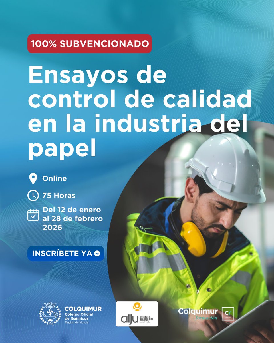 📄 𝗘𝗻𝘀𝗮𝘆𝗼𝘀 𝗱𝗲 𝗰𝗼𝗻𝘁𝗿𝗼𝗹 𝗱𝗲 𝗰𝗮𝗹𝗶𝗱𝗮𝗱 𝗲𝗻 𝗹𝗮 𝗶𝗻𝗱𝘂𝘀𝘁𝗿𝗶𝗮 𝗱𝗲𝗹 𝗽𝗮𝗽𝗲𝗹 📄
🔴 Formación 100% Subvencionada

📲 Toda la información e inscripción gratis en nuestra web. colquimurformacion.com/cursos-online/…

💡Organizado por Aiju, en colaboración con Colquimur.