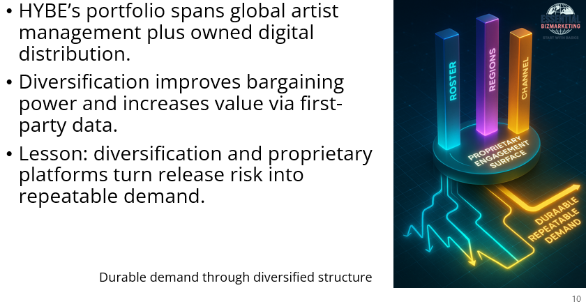 thebizbasics's tweet image. HYBE shows how diversification creates durable demand.

Global artist portfolios plus proprietary platforms convert volatile release cycles into repeatable value powered by first-party fan data.

essentialbizmarketing.com/blog/marketing…

#EntertainmentStrategy #FirstPartyData #BrandValue #HYBE