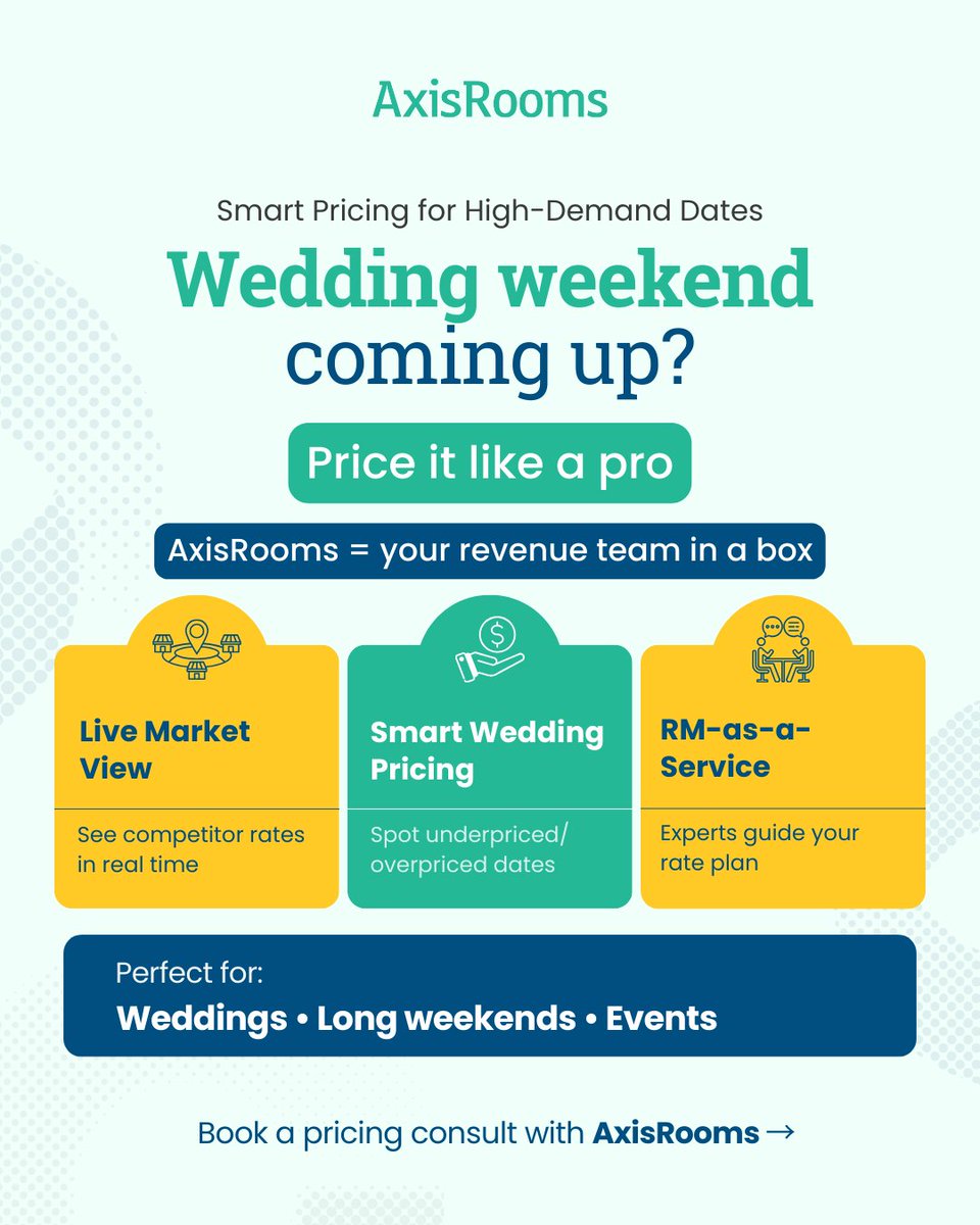 Wedding weekend coming up? 💍
See live competitor rates + get RM-as-a-Service guidance to price high-demand dates right.
Book a consult → axisrooms.com
#HotelTech #RevenueManagement