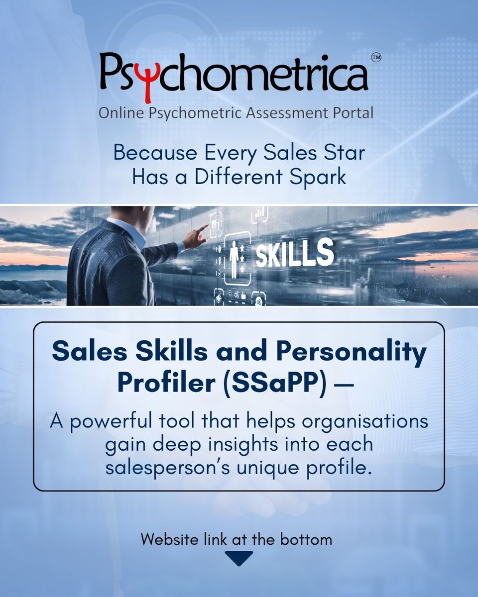 psychometric_in's tweet photo. Psychometrica’s Sales Skills and Personality Profiler (SSaPP) provides deep insights into each salesperson’s unique strengths, behavioural patterns, and competencies—helping organisations coach smarter and hire better.

https://t.co/NlB8rtHUex

#SalesGrowth #CompetencyMapping https://t.co/Tgtu2nFImX
