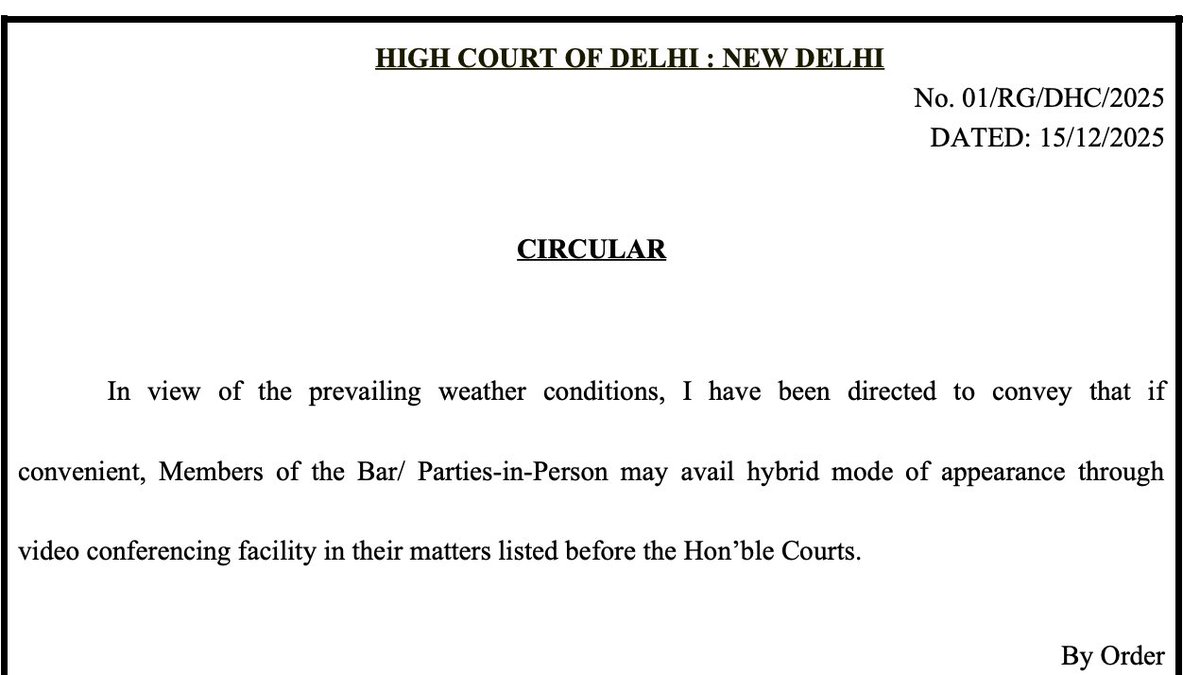 After Supreme Court, Delhi High Court also issues circular allowing advocates to opt for hybrid/video conferencing mode amid severe air pollution.