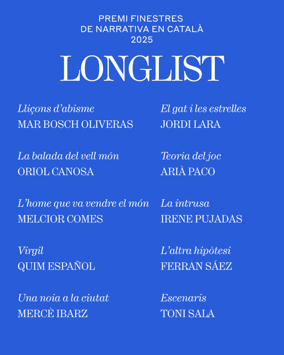 fund_finestres's tweet photo. ✨Anunciem la Longlist del #PremiFinestresDeNarrativa en català 2025✨

Deu obres seleccionades després de mesos de lectures i debats del jurat Finestres.

Enhorabona a totes les autores i autors i a les editorials que ho han fet possible! https://t.co/WGXEs8UHIH