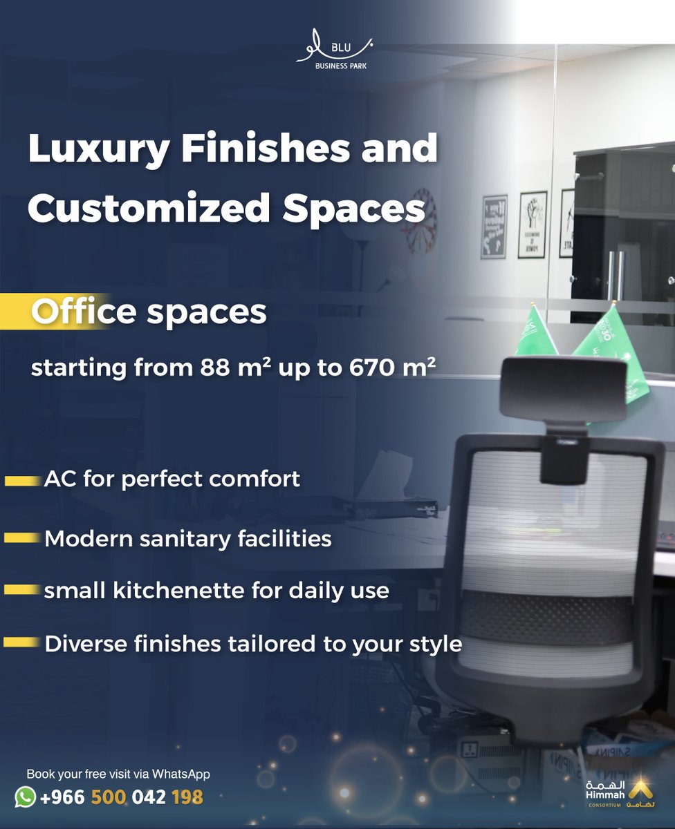 🏢 Luxury office spaces from 88–670 m²   ❄️ Central AC | 🚿 Practical facilities | 🍽️ Small kitchenette | ✨ Elegant finishes 📍 In the heart of Dammam, BLU Business Park is ready for your success.
👉 #BLUBusinessPark #Dammam #Offices  #LuxuryFinishes #SmartWorkspace #SaudiArabia