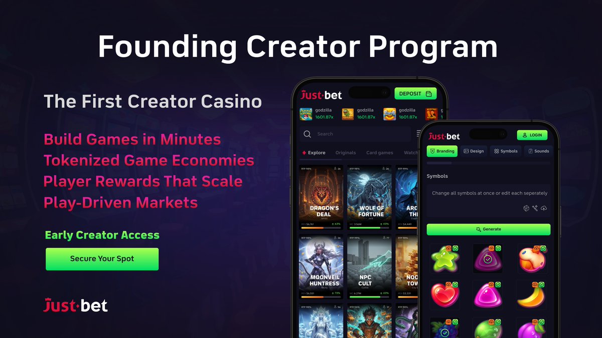 JustBet Founding Creators

⚡️ Create your casino in a min
🎰 Launch your own slot game library on JustBet
🪙 Token mints when your games hit targets
💸 Earn from gameplay revenue share + trading fees

👑 Limited founding creator spots for 2026. 
Apply below 👇
