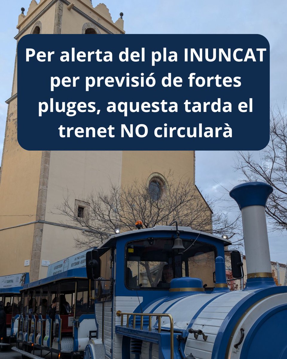 Per alerta del pla INUNCAT per previsió de fortes plugues, aquesta tarda el #trenet NO circularà.
Disculpin les molèsties! 

ℹ️ Segueix-ne l'evolució al Meteocat i tingues presents els consells de seguretat que trobaràs a l'avís informatiu publicat a castellbisbal.cat/avisos