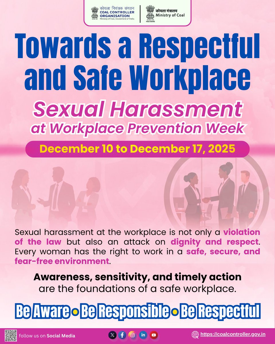 CCO_MoC's tweet image. A safe workplace is a shared responsibility.
Sexual harassment violates dignity, trust, and the law.
Let us stand together to create a culture of respect, awareness, and accountability.
Be Aware • Be Responsible • Be Respectful
#SafeWorkplace #POSH #WomenSafety
