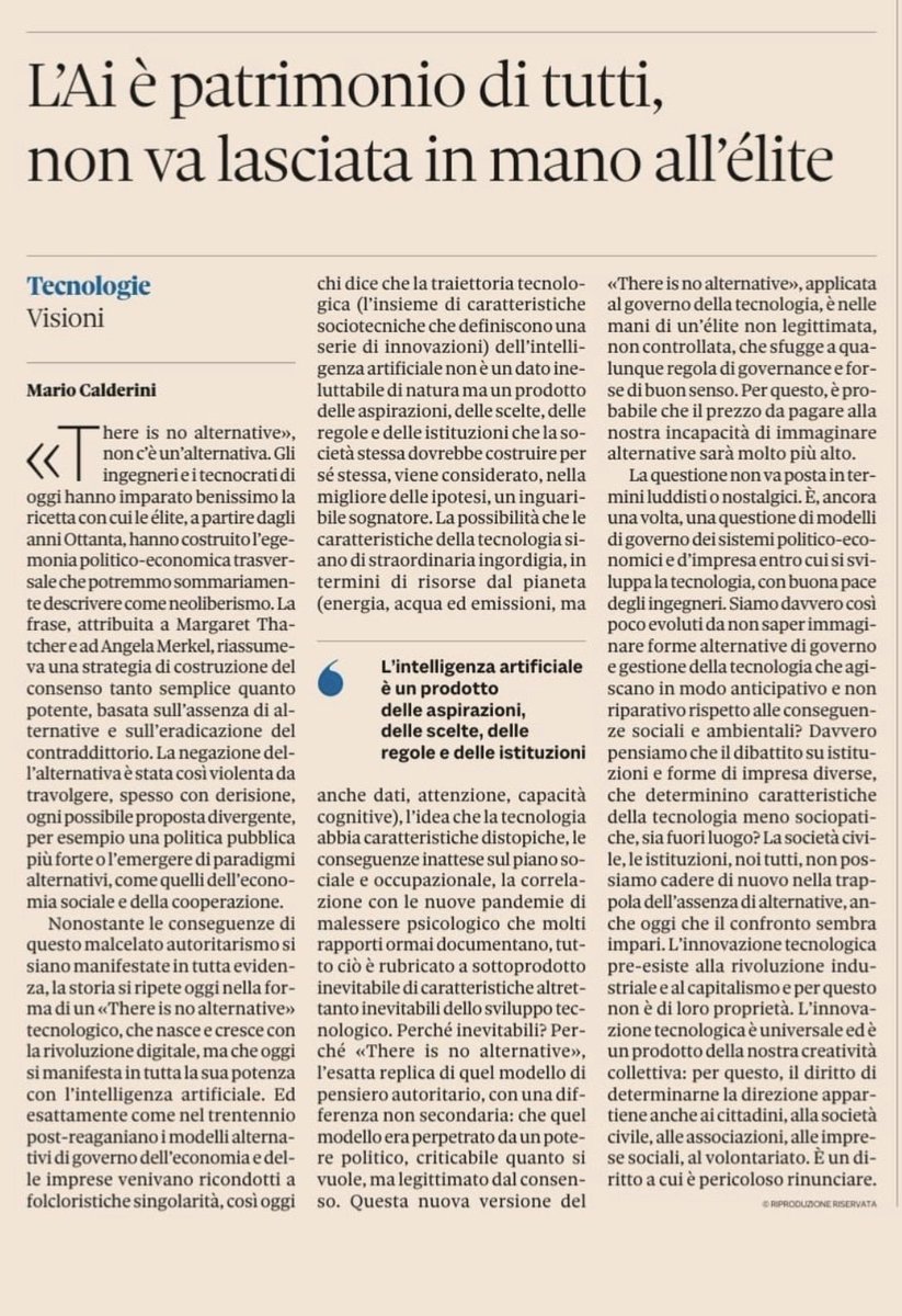 𝗡𝗼𝗻 𝗰’è 𝗮𝗹𝘁𝗲𝗿𝗻𝗮𝘁𝗶𝘃𝗮 𝘀𝗼𝗹𝗼 𝗽𝗲𝗿 𝗰𝗵𝗶 𝗵𝗮 𝗴𝗶à 𝘀𝗺𝗲𝘀𝘀𝗼 𝗱𝗶 𝗰𝗲𝗿𝗰𝗮𝗿𝗹𝗮

Sull’#IntelligenzaArtificiale non possiamo accettare la narrazione rassicurante o fatalista. Grazie <a href="/mariocalderini/">Mario Calderini</a> sul <a href="/sole24ore/">IlSole24ORE</a>