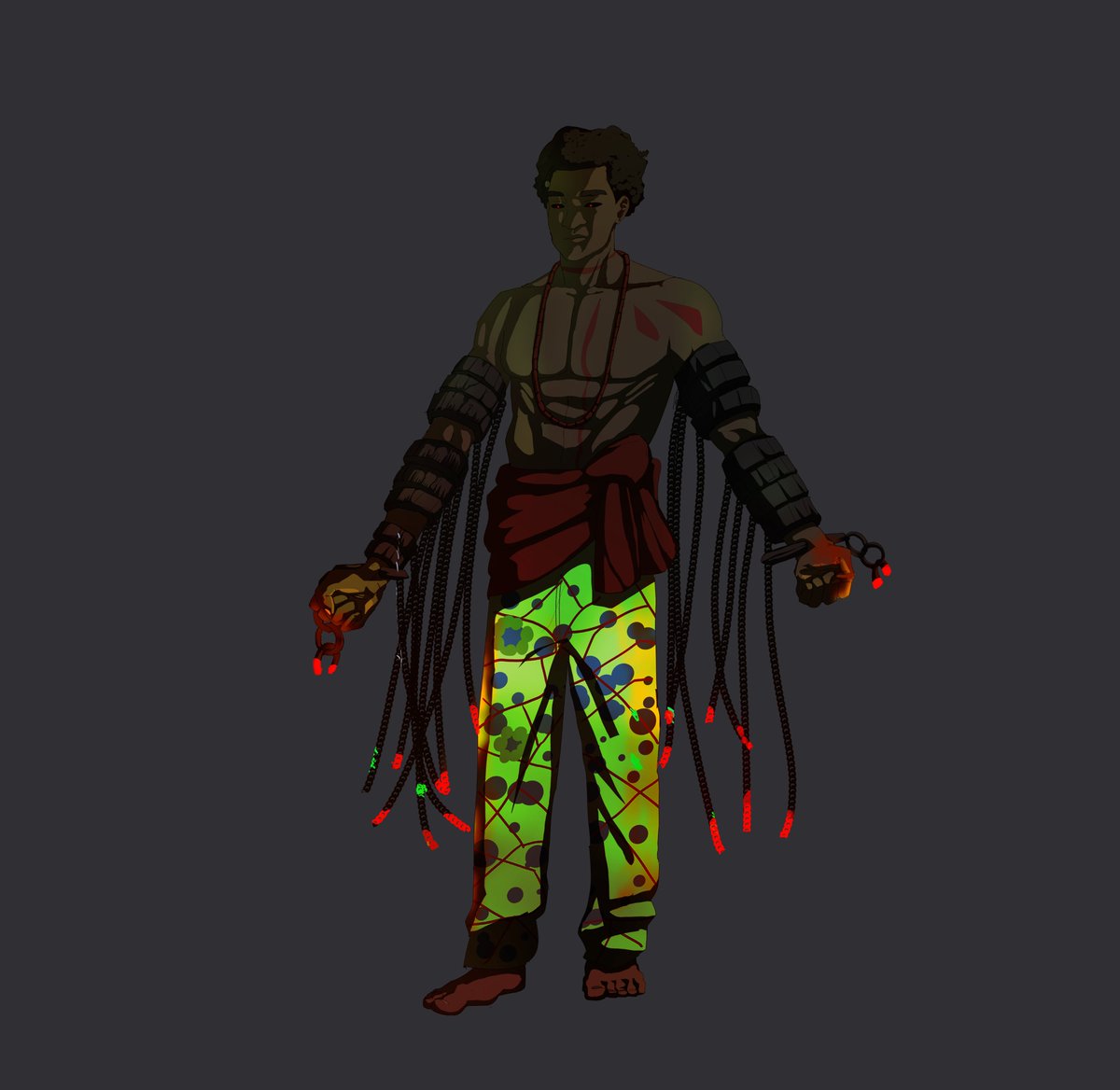 meztel's tweet photo. Here’s my entry on the GKOI CHARACTER CREATOR RAID
@gkoi0x
i think i am late
okeke Jukai is a living hinge between realms, bound by chains that connect him to demons existing in their own worlds. The red anchors in his body are the points of linkage if he dies, every demon connected to him dies as well. Because of this, they desperately interfere in his battles, sometimes crossing into his realm to protect him, sometimes attacking both him and his opponent in an attempt to free themselves. Though suicidal and smiling through quiet despair, Jukai is forced to live as a burdened protector. His fighting style is clumsy and untrained, yet fast and brutally adaptive raw survival without discipline, driven by a body that learned to fight only because it had no choice.